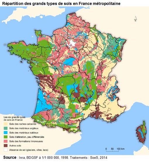 Répartition des grands types de sols en France métropolitaine