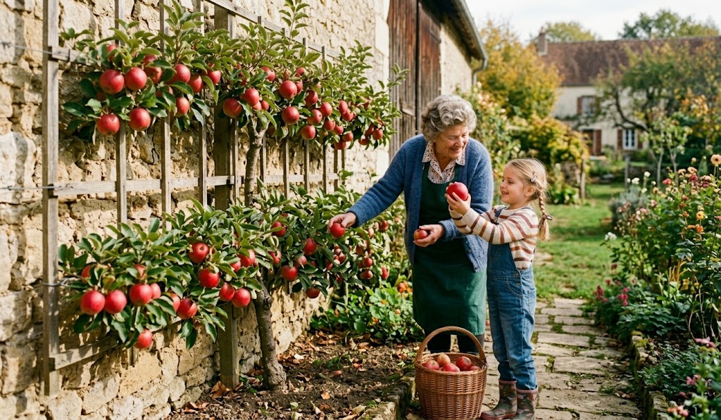 Grand-mère et sa petite fille qui ceuillent des pommes